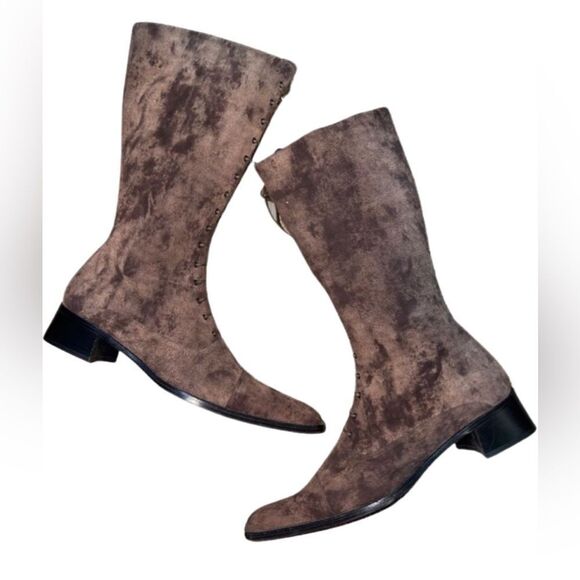 Flavio Zanasca Brown Suede Leather Lace Up Heeled Italian Designer Boots 8.5 - Picture 2 of 11